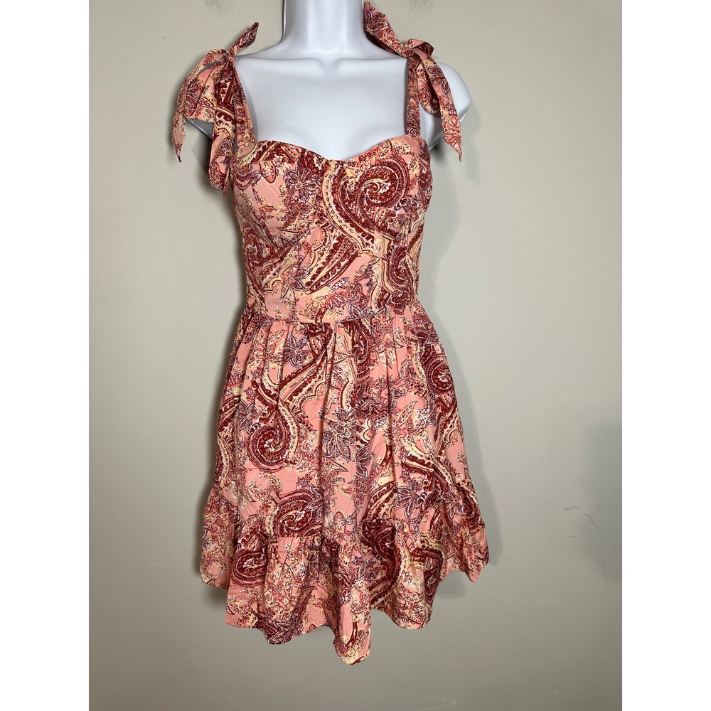 BOG Collective Paisley Print Tiered Mini Dress Tie‎ Shoulder Pink XS